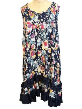 Navy Floral Ruffle Hem Sleeveless Dress